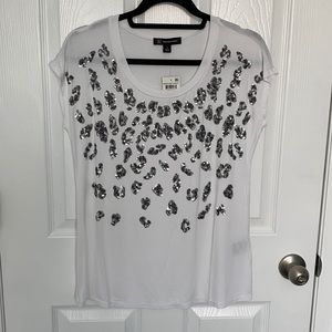 INC NWT white leopard sequined tee.